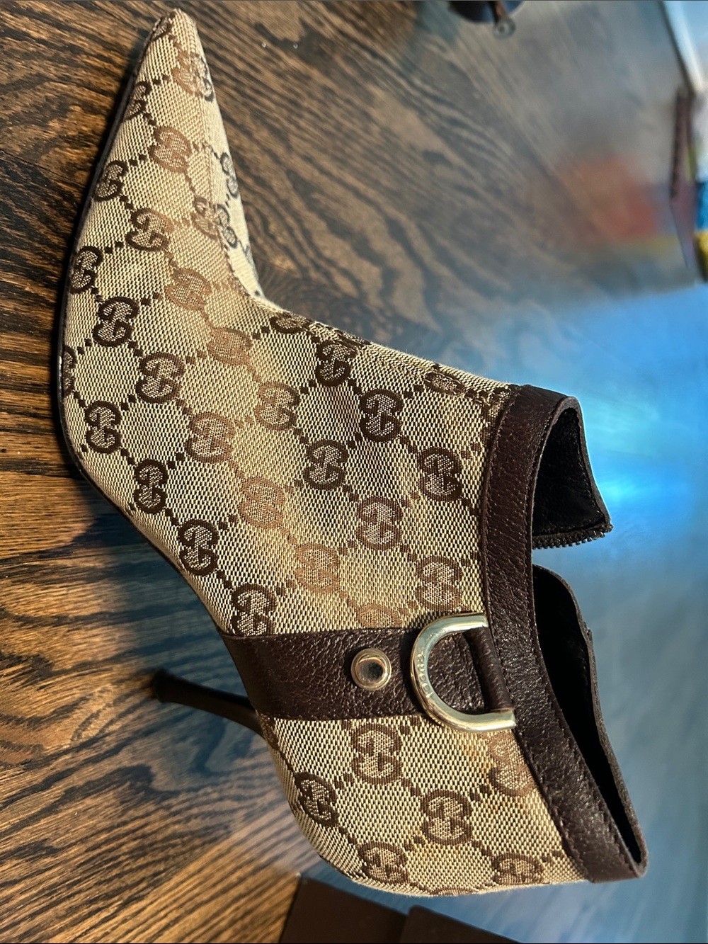 Designer-Inspired Brown Monogram Pointed Toe Ankle Boot